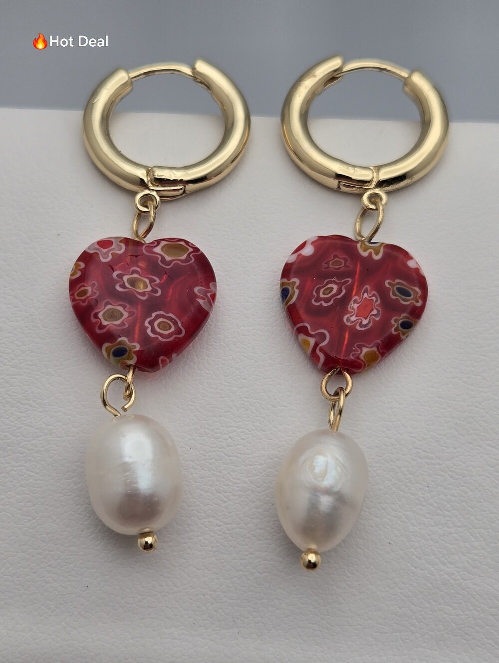 Piper K Red Heart Drop Earrings 14K Gold Plated Freshwater Pearl 2"